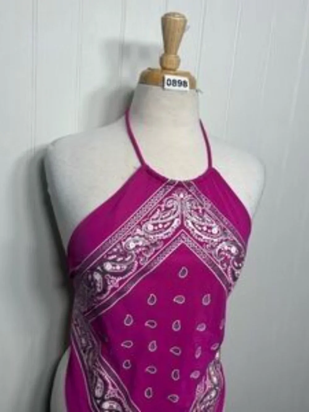 Hot Pink Paisley Bandana Halter Top Y2K Festival Boho Style l Top - Picture 2 of 4
